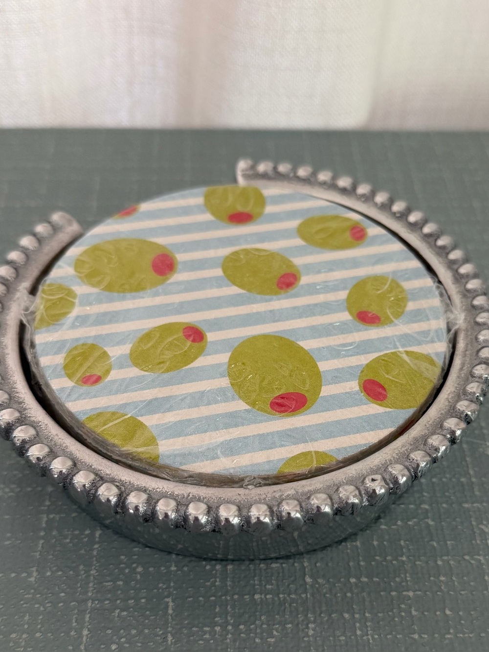 Mariposa Beaded Coaster Set with Holder | Retired Olive Pattern - Picture 5 of 5